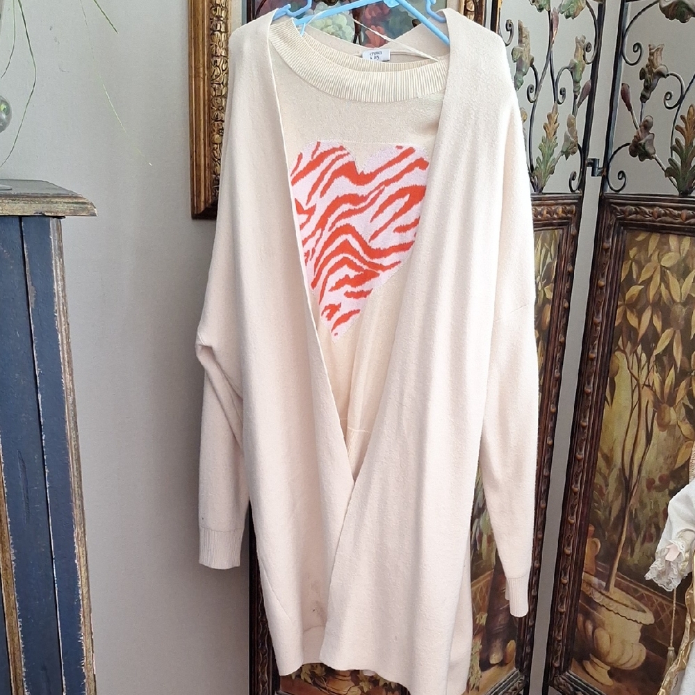 CROWN & IVEY 2 Pc. Cream Open Front Cardigan with Coral Zebra Heart Sweater